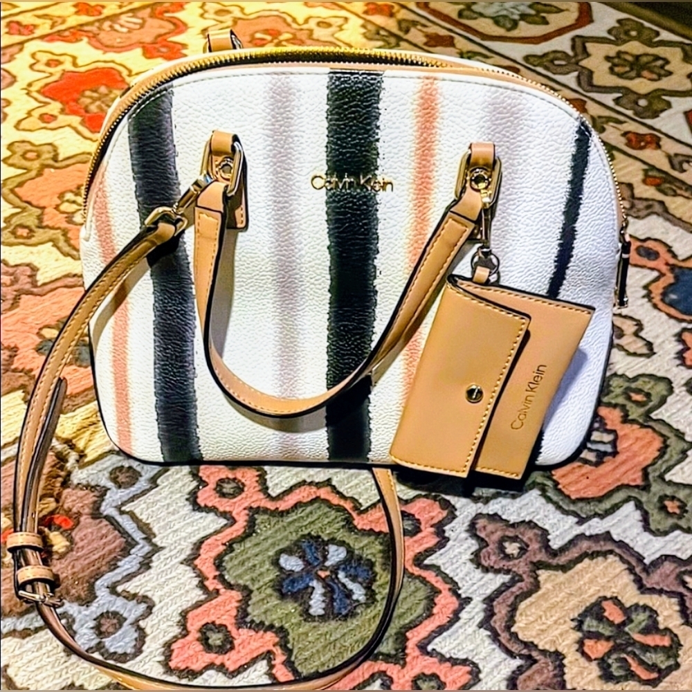 Calvin Klein White and Tan Striped Satchel
